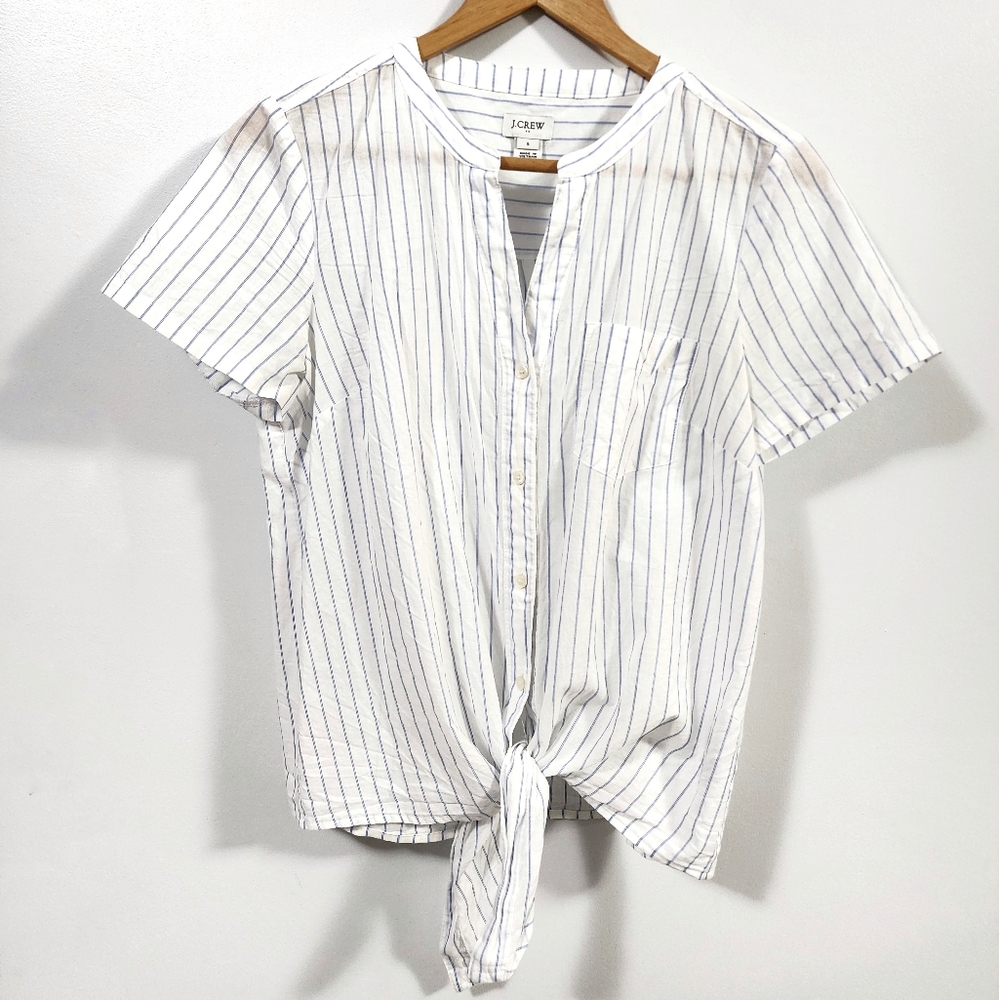 J Crew Factory White and Light Blue Tie Front V- Neck Cotton Button Blouse